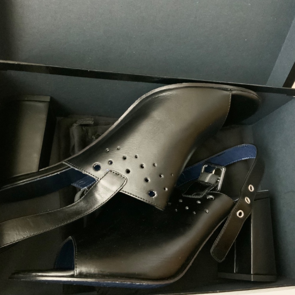 VALENTINA RANGONI Carmine Block Heel Peep Toe Mule Black Leather Heeled Sandals - Picture 6 of 11